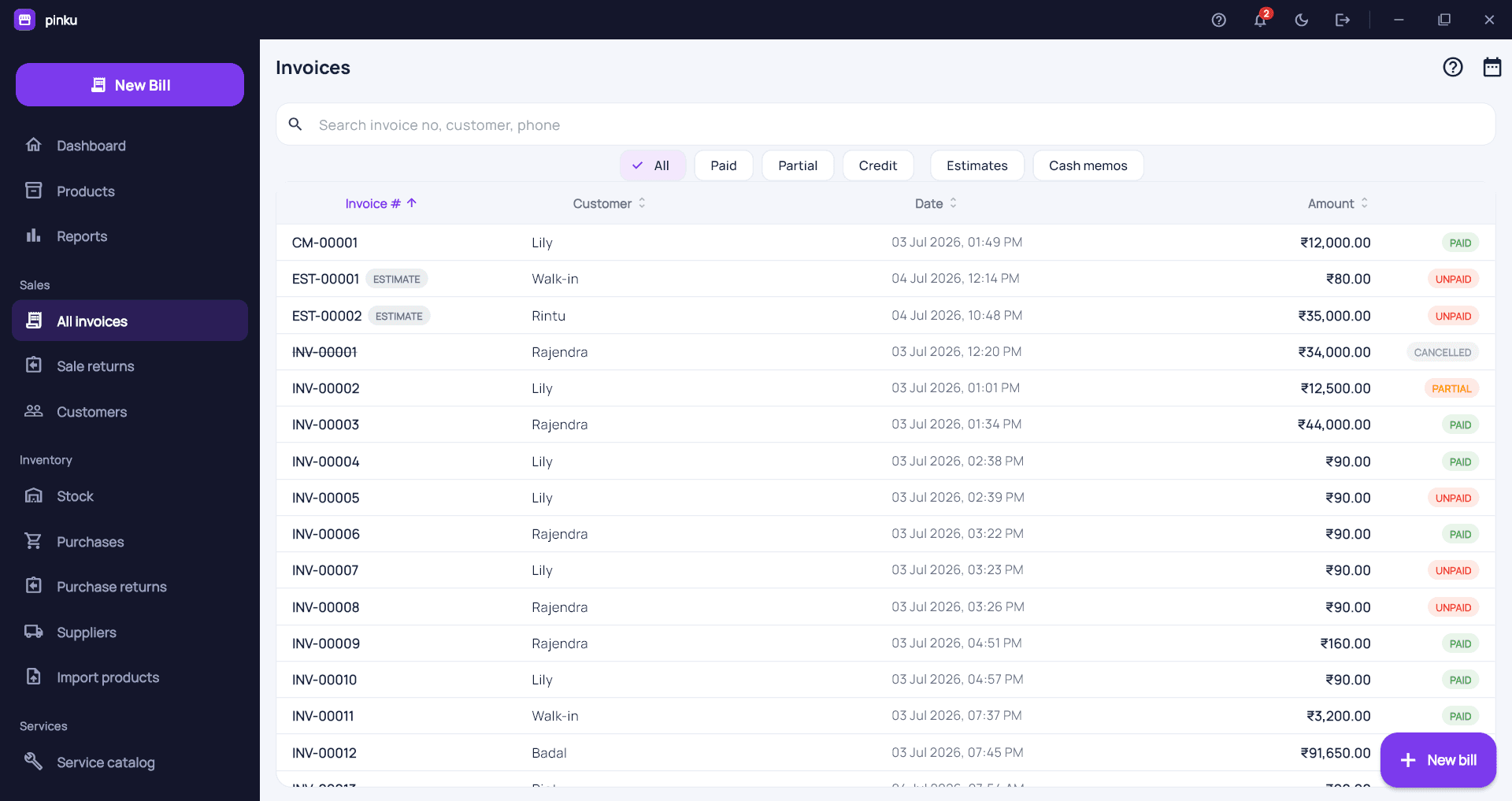 Dukania invoice list filtered by paid, partial, credit, estimates and cash memos