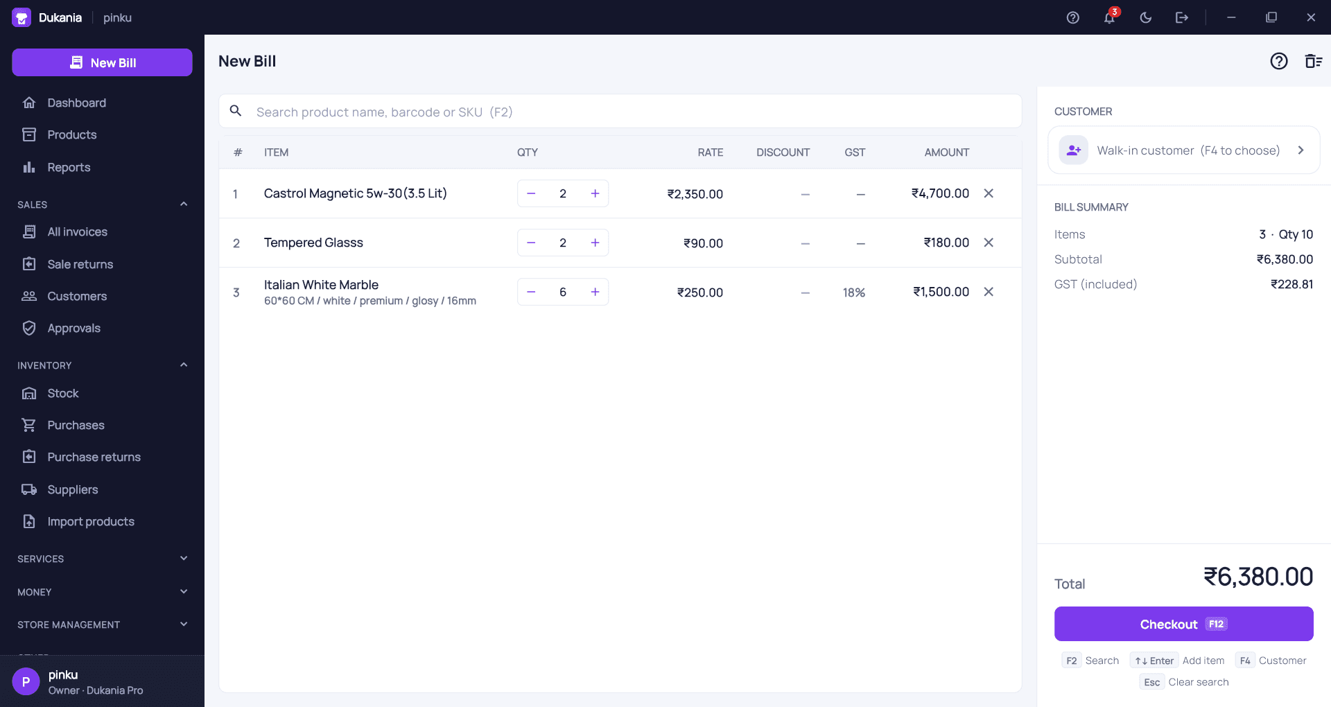 Dukania desktop billing screen: items as a table with quantity, rate, GST and amount, and the bill total with a Checkout button