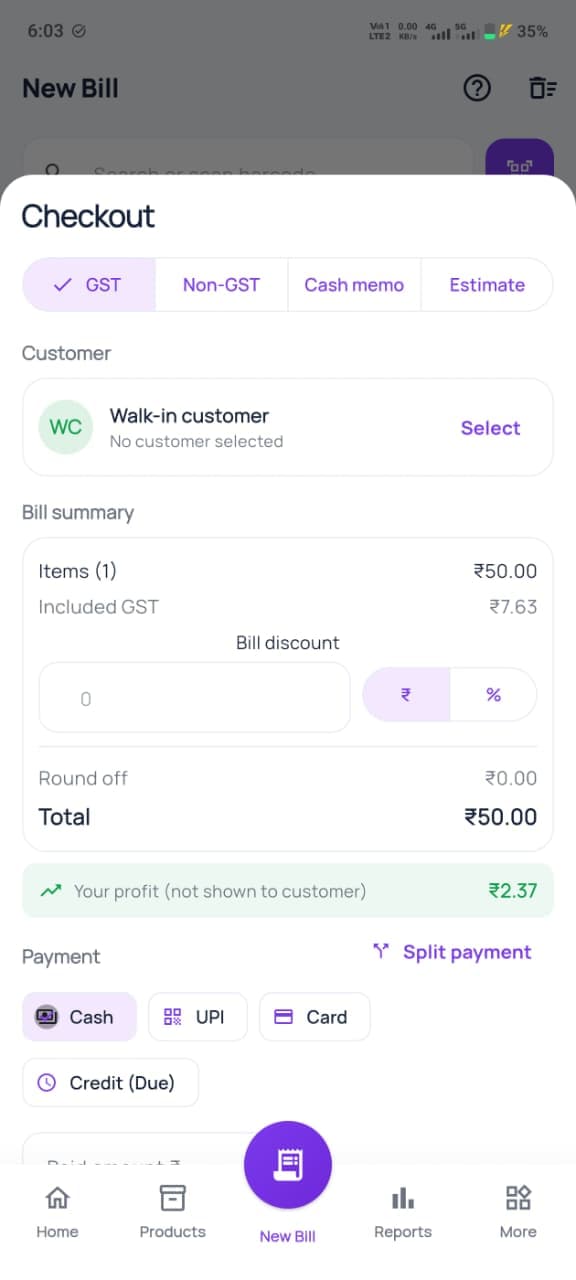 Dukania mobile checkout with GST, bill discount, round off and split payment options